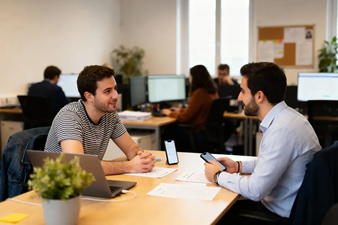 Deux hommes discutent dans un bureau, devant des ordinateurs portables et smartphones. Environnement de travail collaboratif.