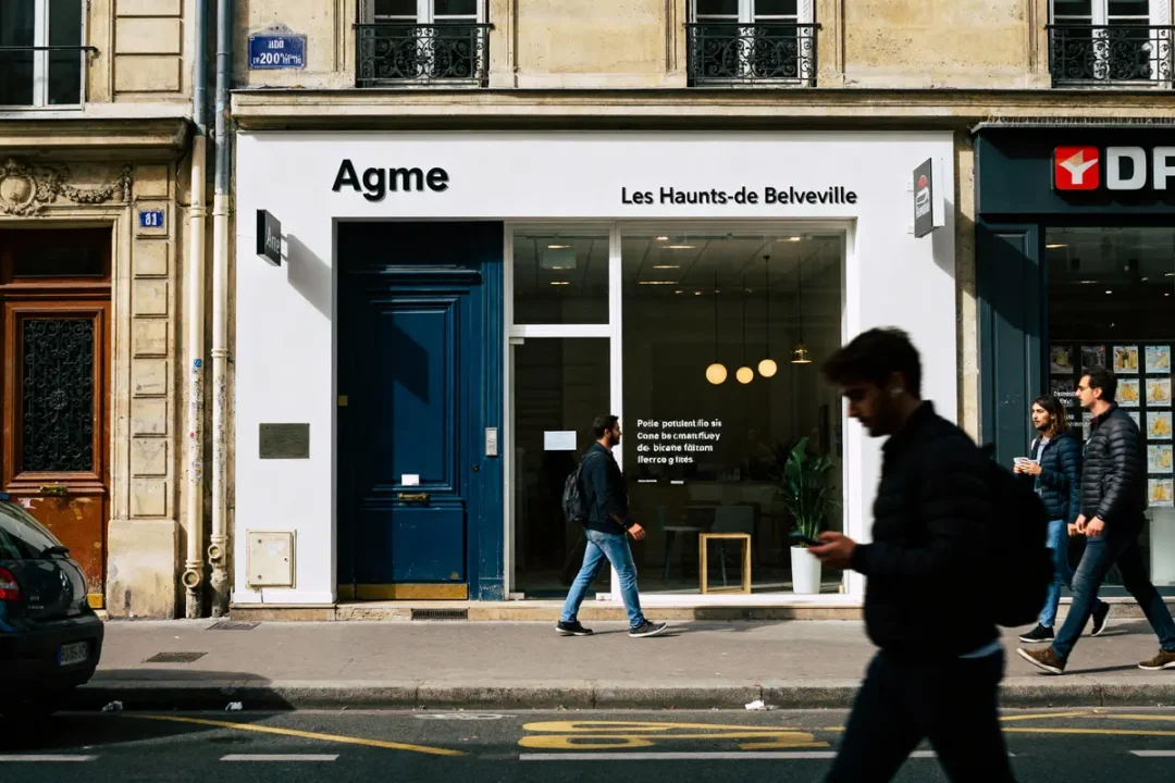 Façade d'un magasin à Paris avec passants marchant devant. Signes "Agme" et "Les Haunts-de Belleville".