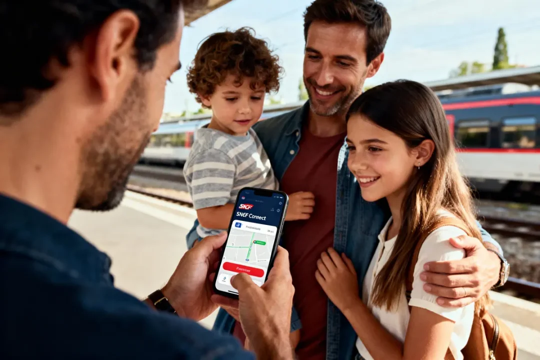 Homme montrant application SNCF Connect à une famille sur un quai de gare avec train en arrière-plan.