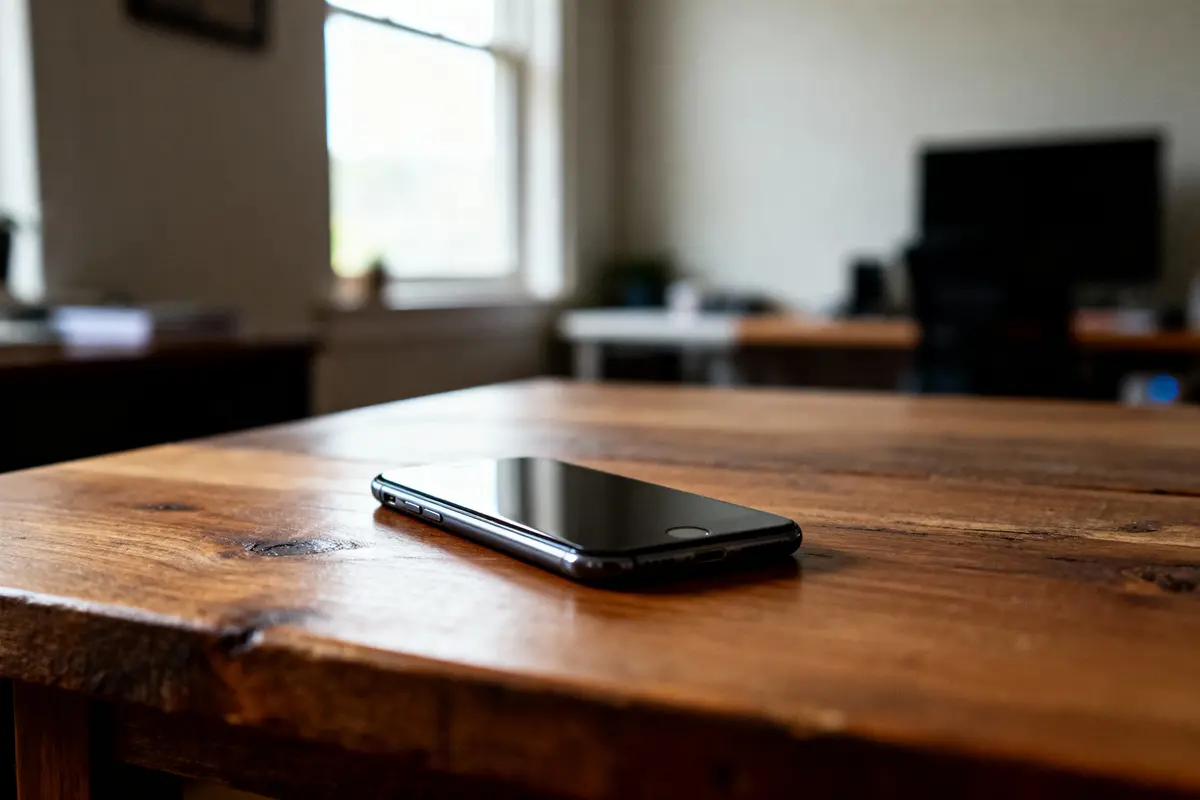 Smartphone noir posé sur une table en bois, pièce avec fenêtre et écran d'ordinateur en arrière-plan flou.