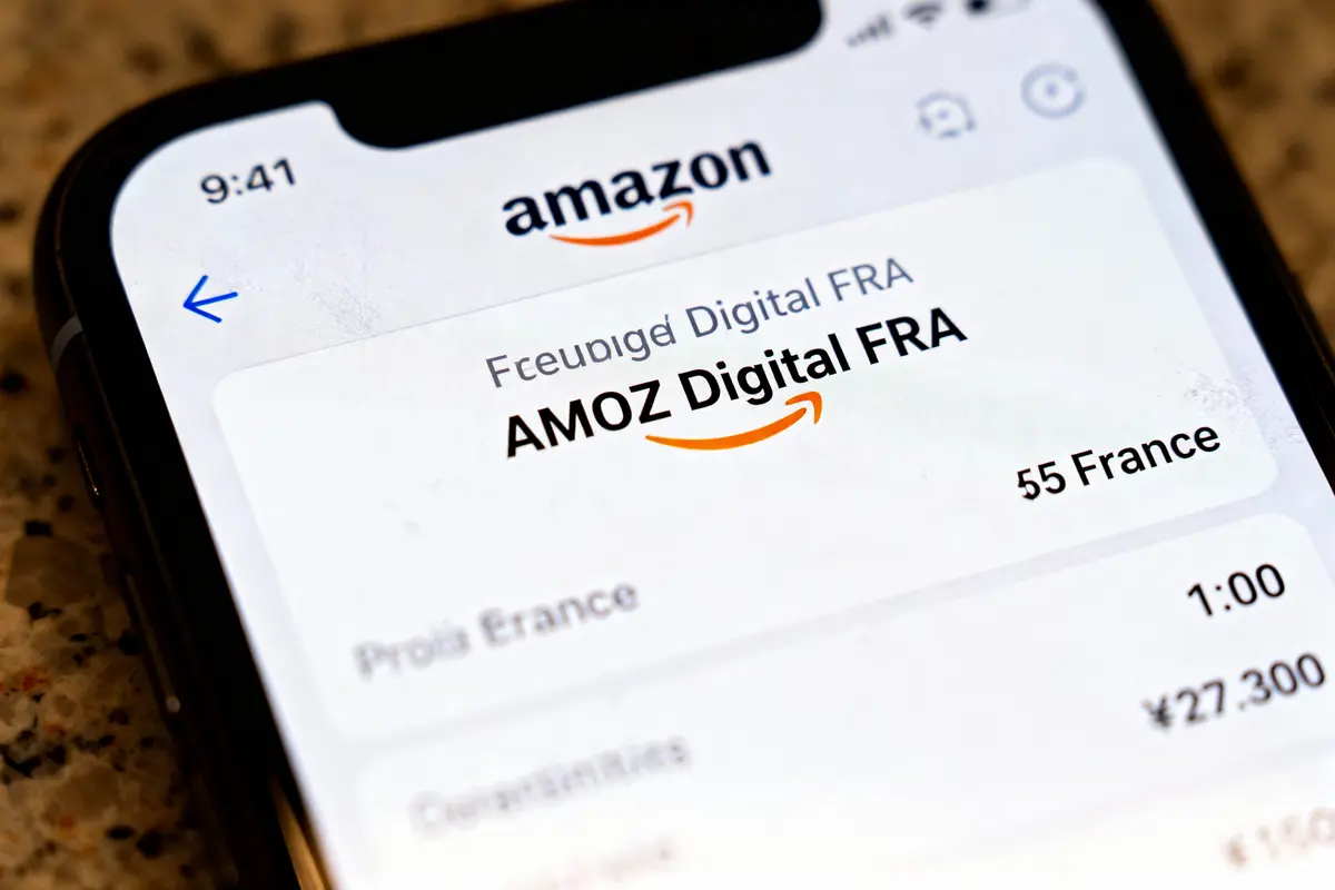 Écran de smartphone affichant une transaction "AMOZ Digital FRA" sur l'application d'Amazon avec détails de paiement.