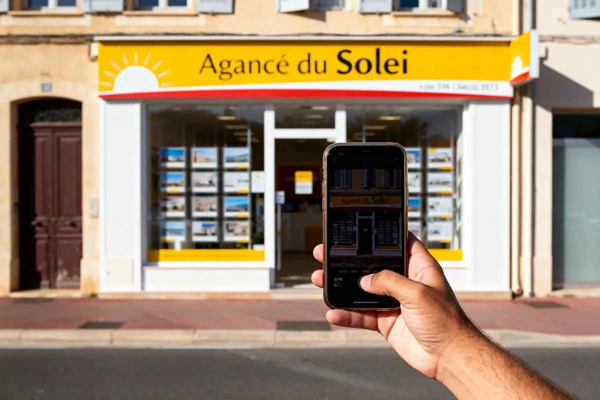 Personne photographiant une agence immobilière en jaune avec un smartphone devant la vitrine remplie d'affiches.