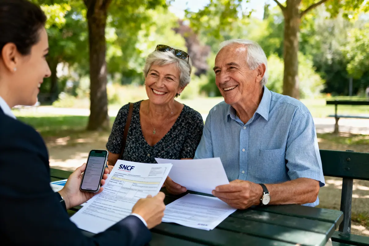 Un couple senior souriant discute avec une conseillère SNCF, documents en main, assis à une table extérieure.