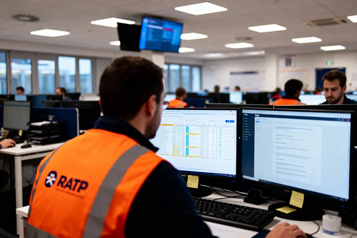 Salle de contrôle RATP avec employés en gilets orange utilisant des ordinateurs, écrans affichant données et informations.