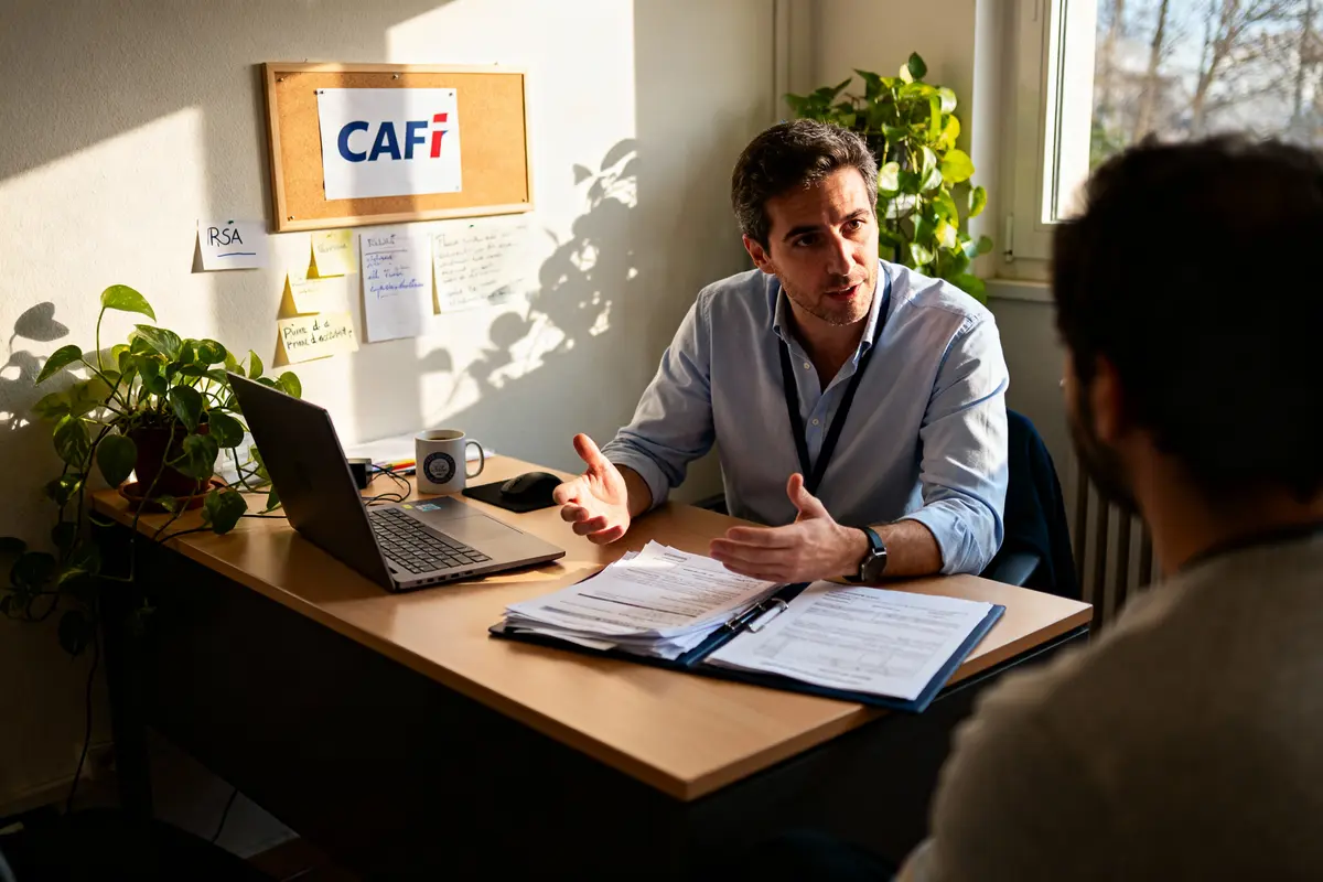 Deux personnes discutent dans un bureau, documents et ordinateur sur le bureau, plantes et tableau d'affichage.