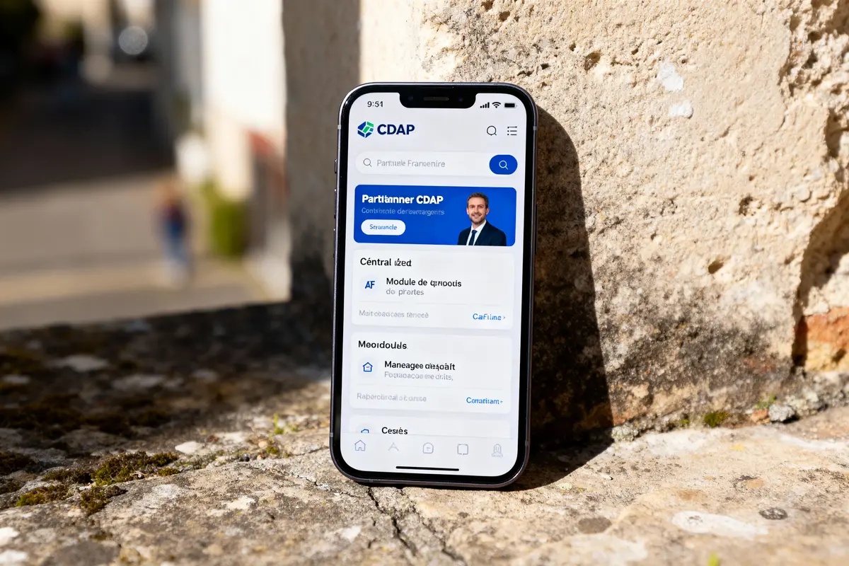 Smartphone adossé à un mur en pierre, affichant une application avec photo d'un homme en costume.
