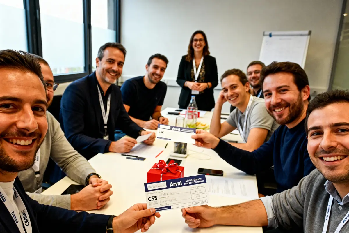 Un groupe de personnes souriantes autour d'une table lors d'une réunion, tenant des chèques cadeau.