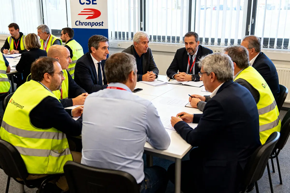 Personnes en réunion autour d'une table, certains portent des gilets jaunes marqués "Chronopost".