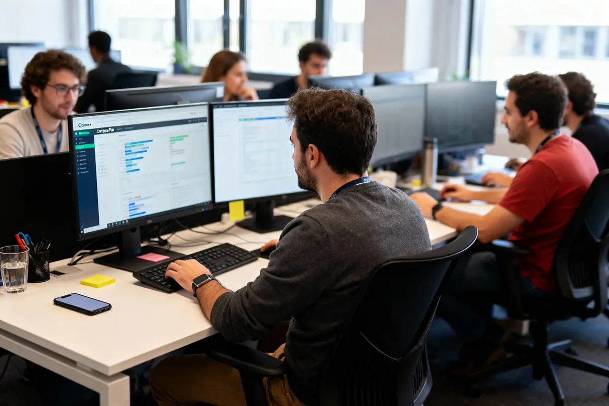 Personnes travaillant sur des ordinateurs dans un bureau moderne, ambiance collaborative et professionnelle.