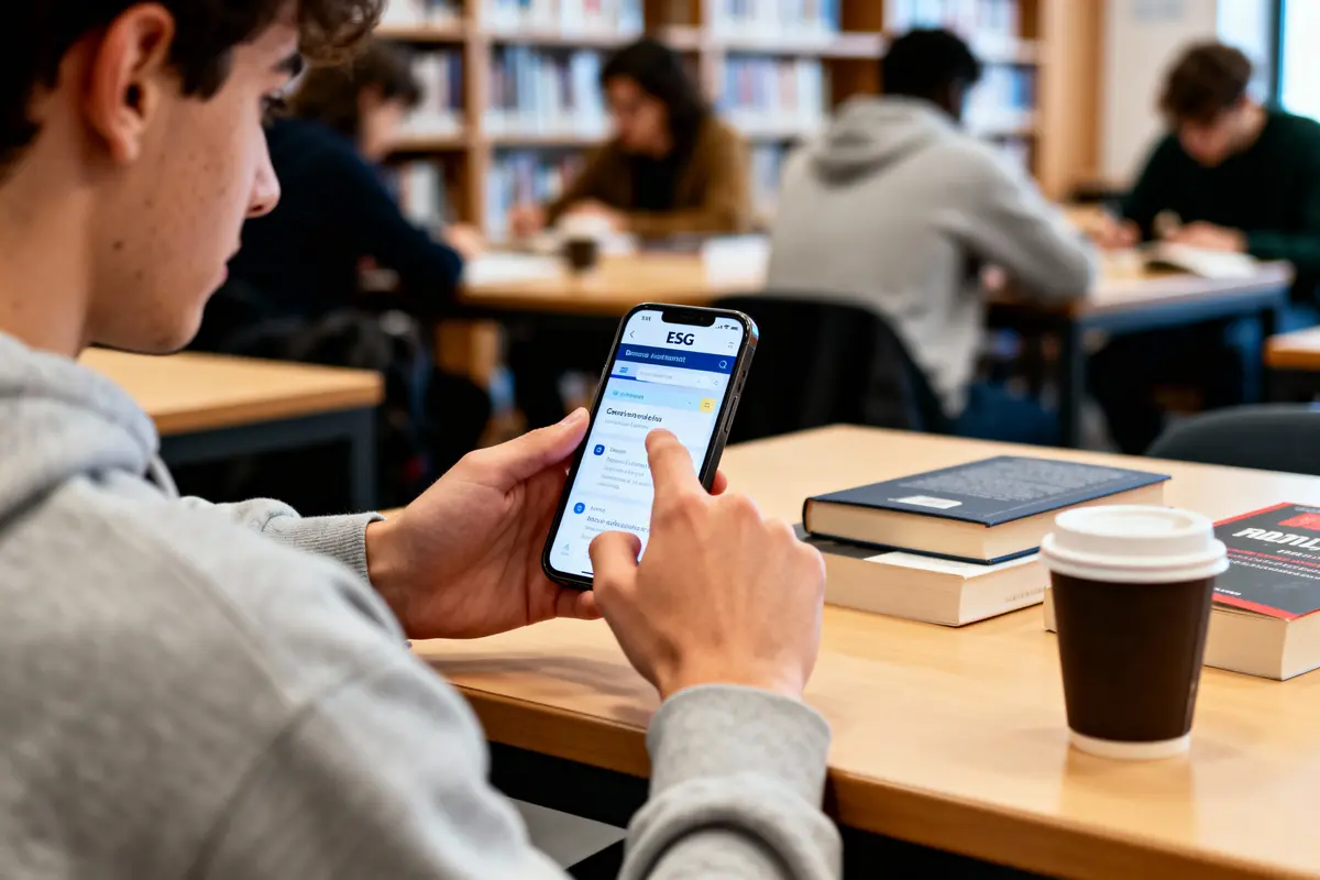 Personne utilisant un smartphone dans une bibliothèque, avec livres et café sur la table. Autres personnes étudiant.