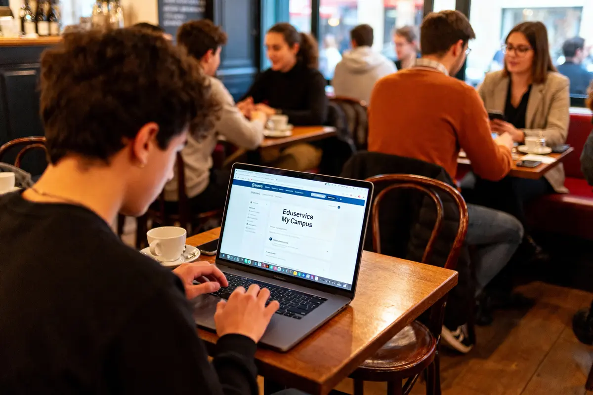 Personne travaillant sur un ordinateur portable dans un café, entourée de gens discutant et buvant du café.