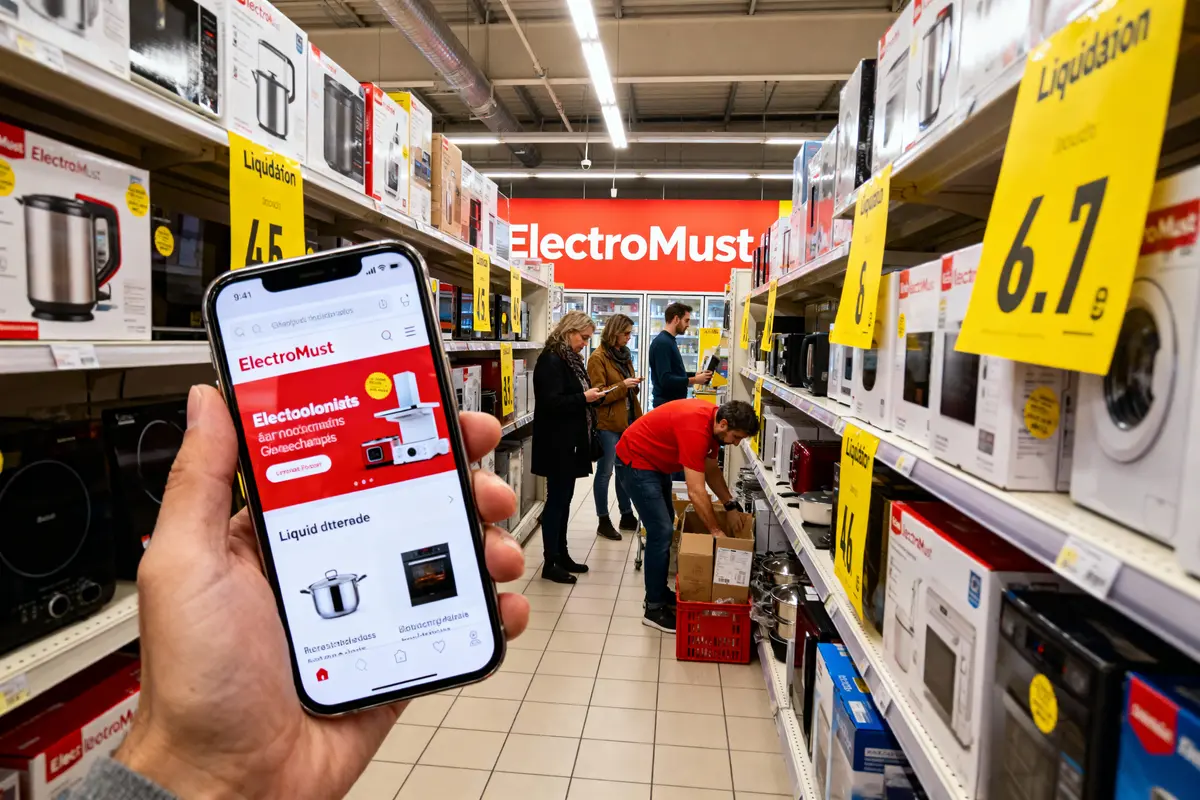 Personnes magasinant appareils électroménagers en liquidation chez ElectroMust, smartphone affichant le site du magasin.