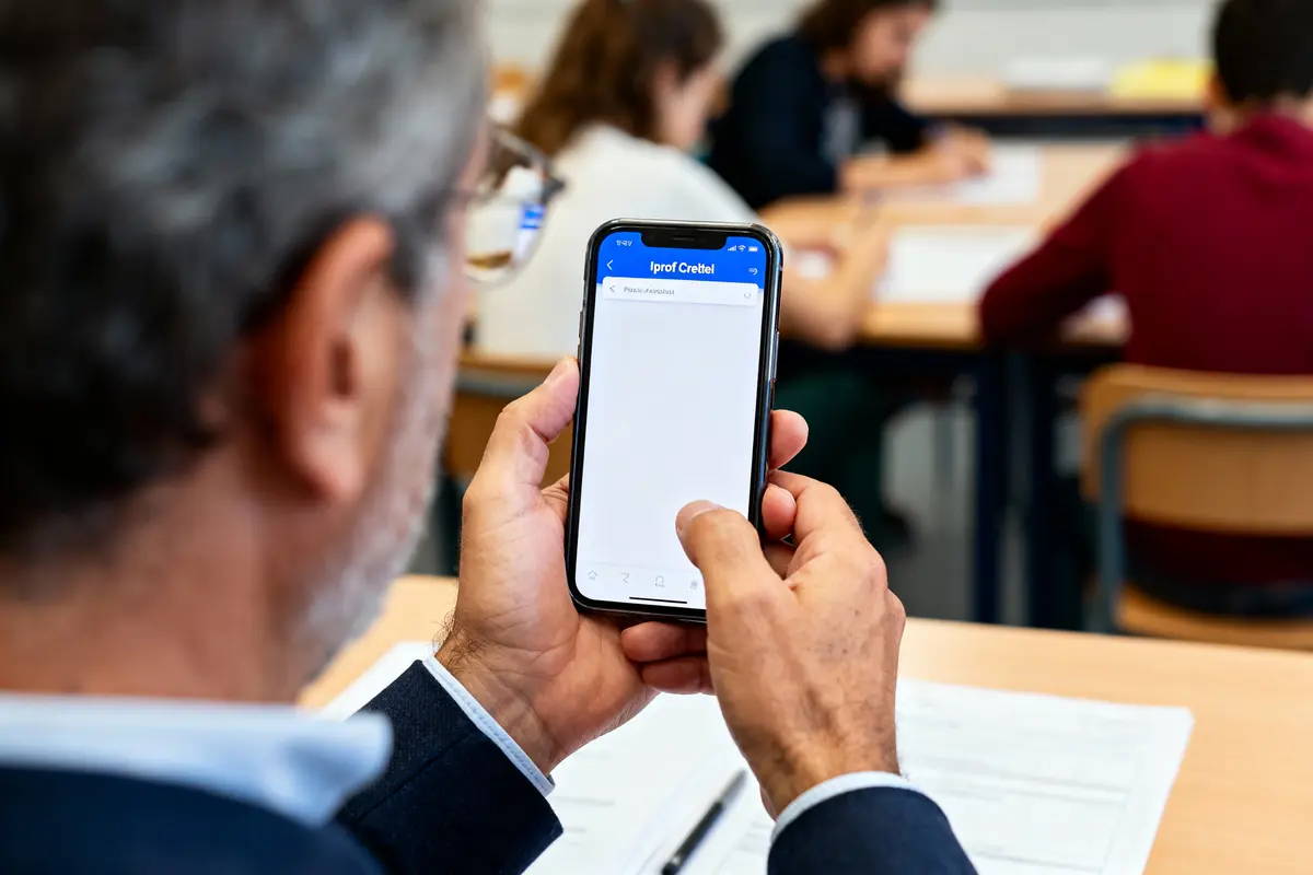 Homme utilisant smartphone en classe, application ouverte, étudiants assis à des bureaux en arrière-plan.