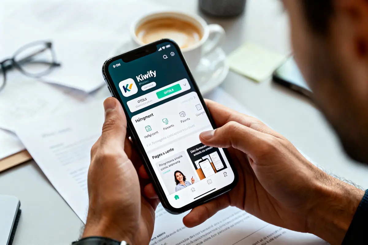 Homme utilisant l'application Kiwify sur smartphone, café et documents en arrière-plan flou.