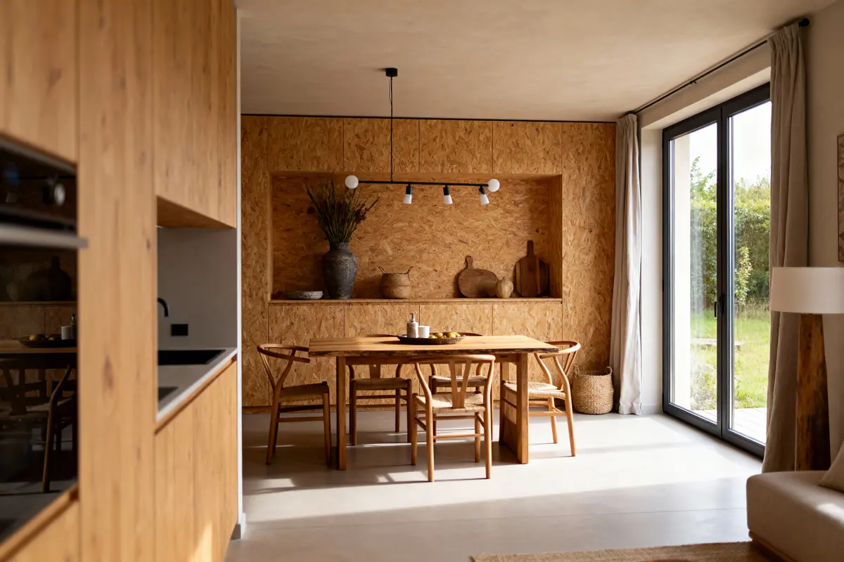 Salle à manger moderne avec table en bois, chaises, paroi texturée, éclairage suspendu, vue sur jardin.