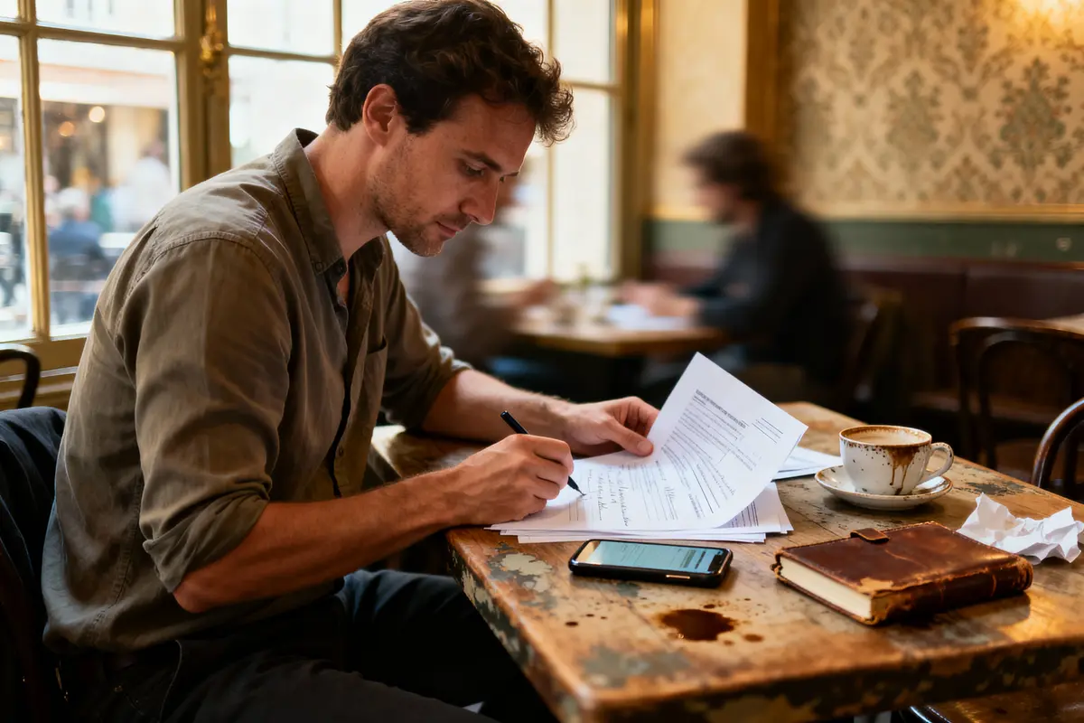 Homme écrivant à une table de café, avec documents, téléphone, livre, et tasse de café. Ambiance décontractée.