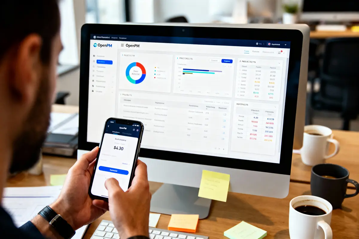 Un homme utilisant une application financière sur téléphone et ordinateur, au bureau avec tasses de café.