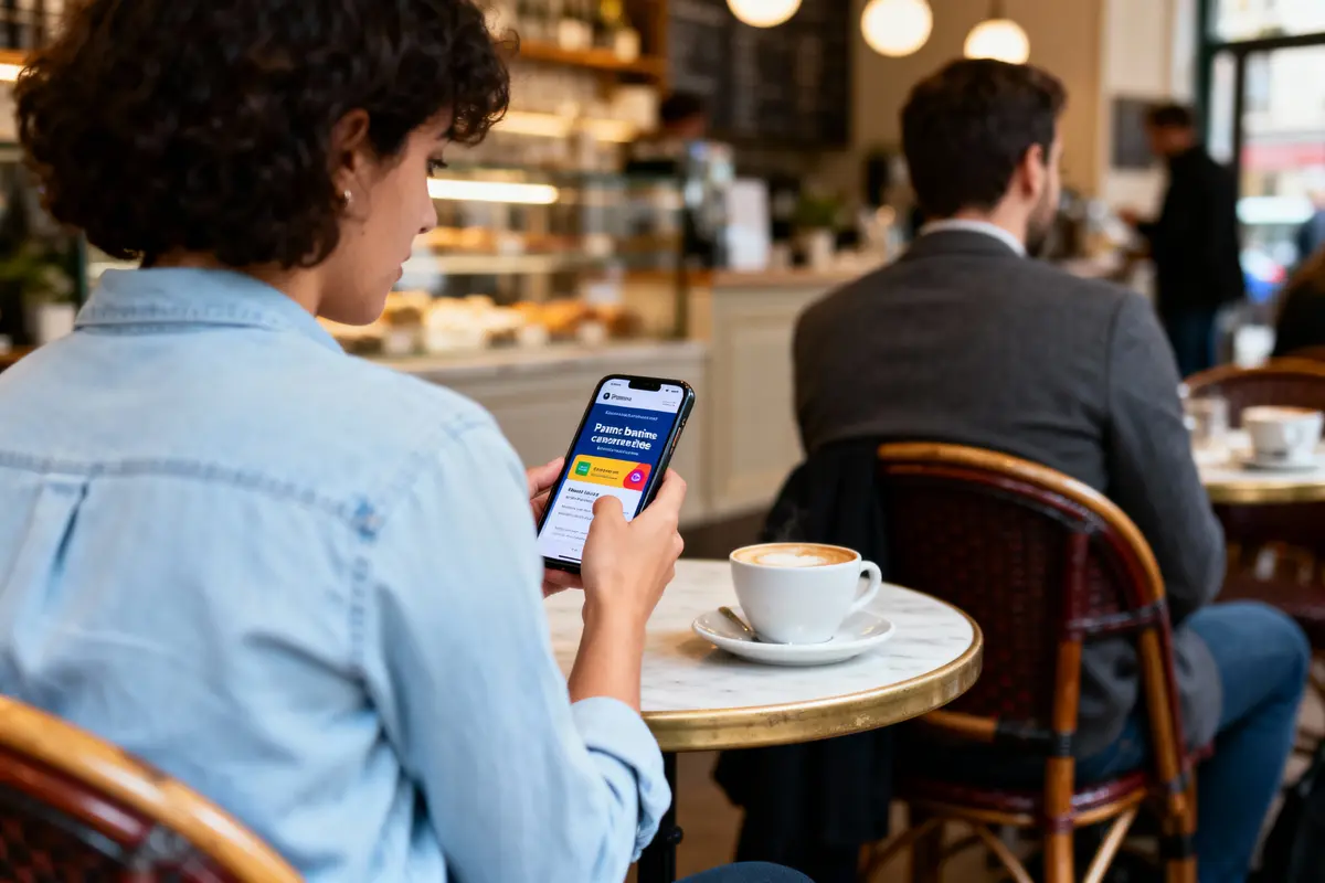 Personne utilisant un smartphone dans un café, boisson sur table, ambiance chaleureuse et moderne.