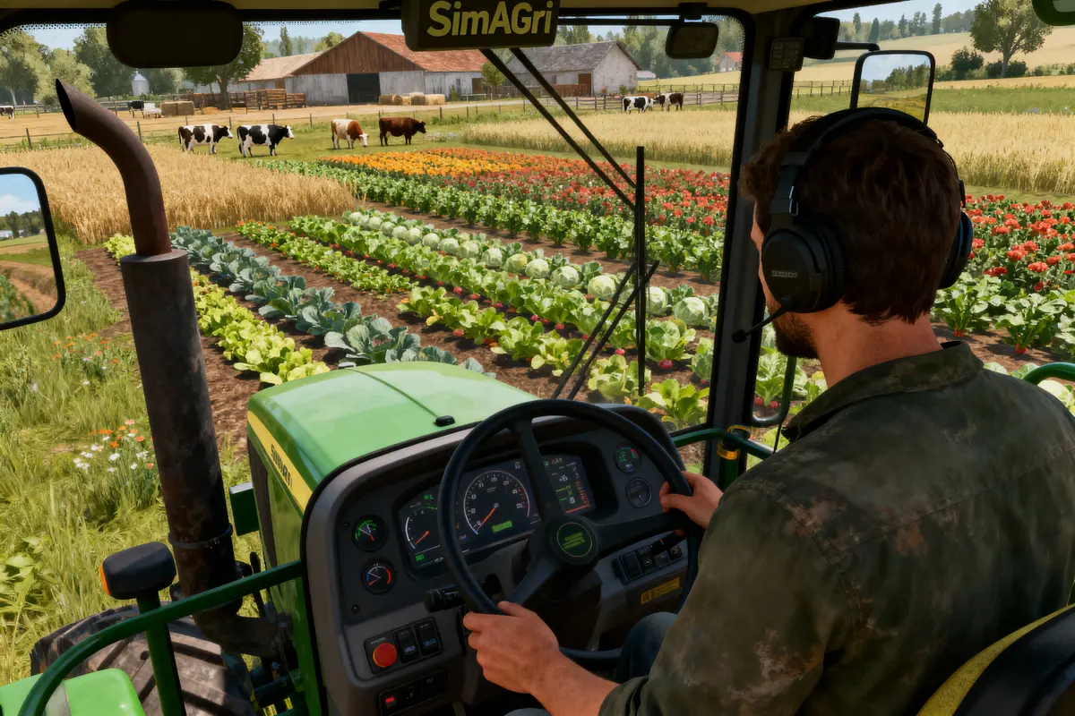 Un homme conduisant un tracteur vert, champs cultivés colorés et vaches au loin, journée ensoleillée.