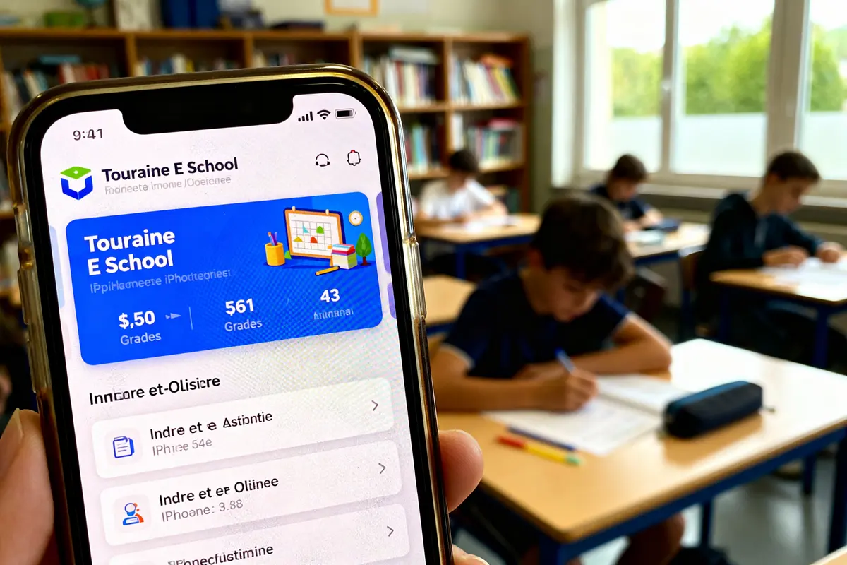 Smartphone montrant une application scolaire devant des élèves concentrés travaillant à leur bureau en classe.