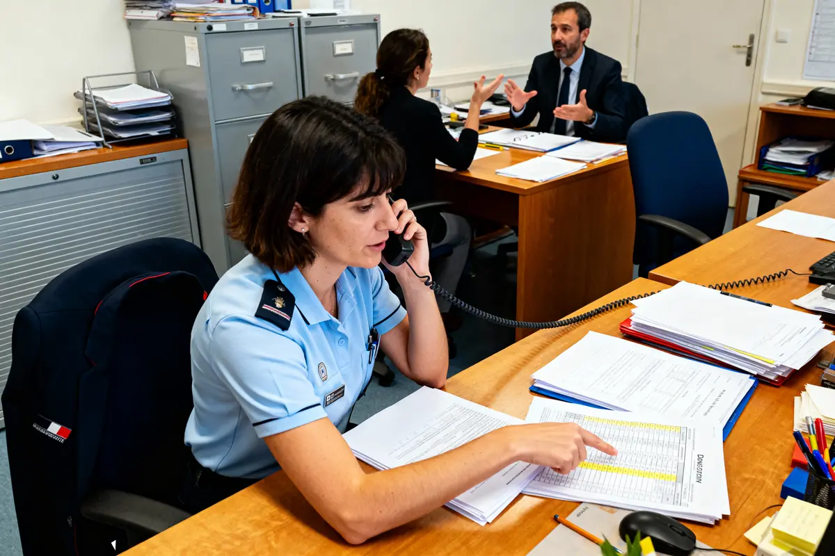 Agent en uniforme bleu parle au téléphone, consulte des documents ; deux collègues discutent en arrière-plan. Bureau administratif.
