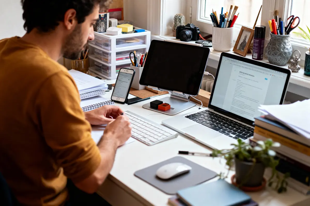 Personne travaillant sur un ordinateur portable à un bureau encombré, avec smartphone et tablette à proximité.
