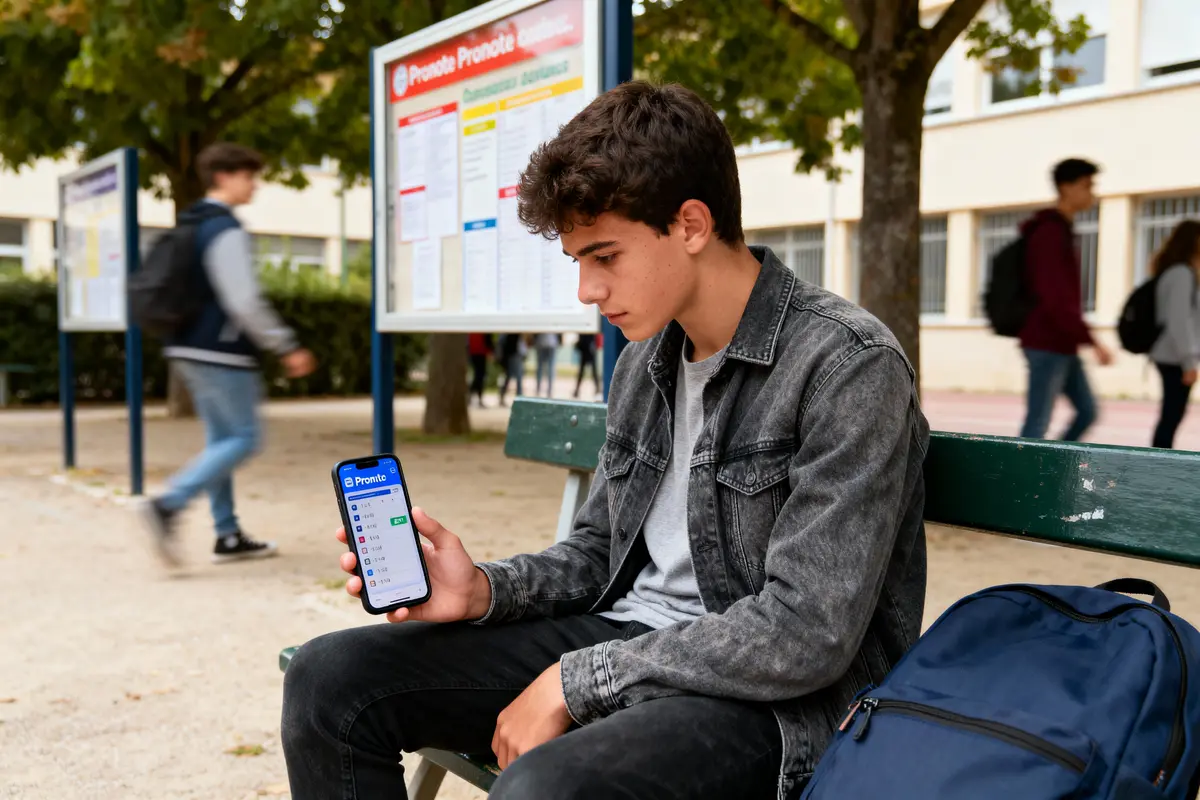 Adolescent assis sur un banc, regardant son smartphone avec l'application Pronote, sac à dos à côté.