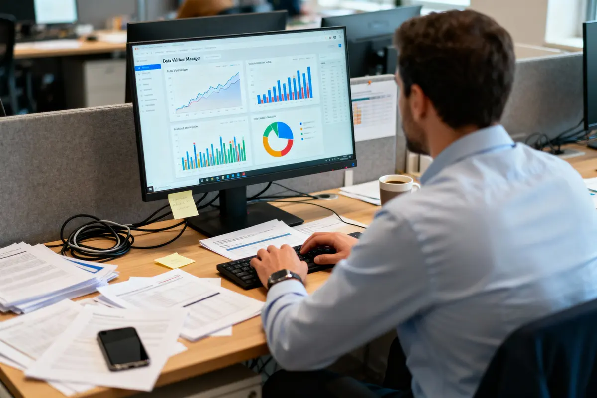 Homme travaillant devant ordinateur affichant graphiques, bureau encombré de papiers, café et smartphone à côté.