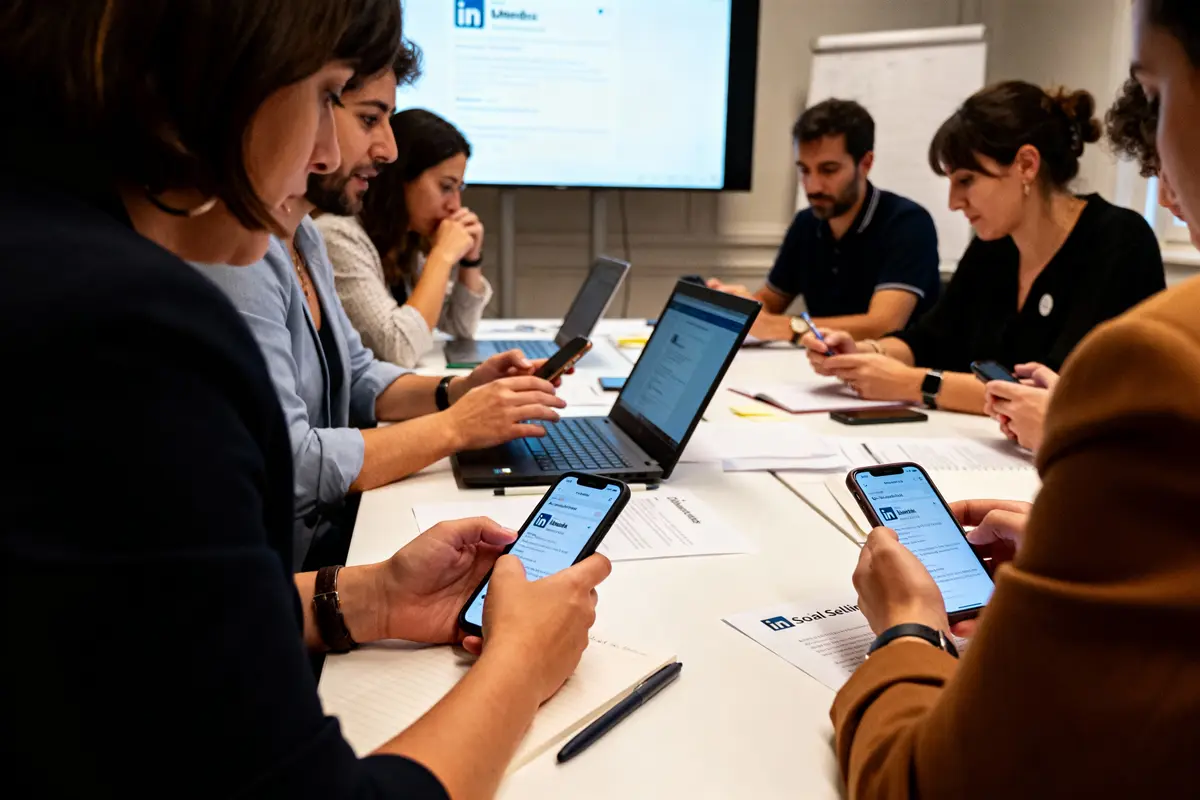 Groupe de personnes travaillant avec ordinateurs portables et téléphones, concentrées autour d'une table de réunion.