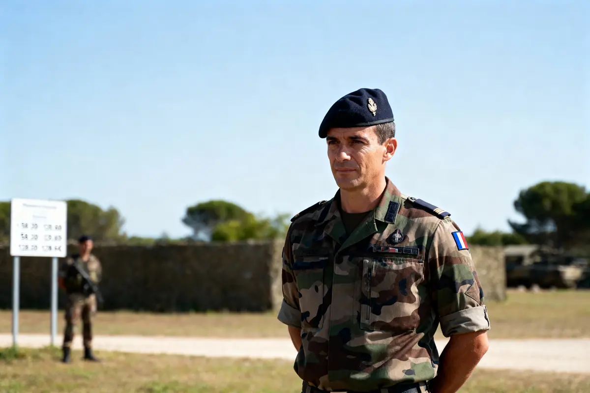 Un militaire en uniforme camouflé se tient debout, extérieur, jour ensoleillé, fond flou avec soldat et panneau.