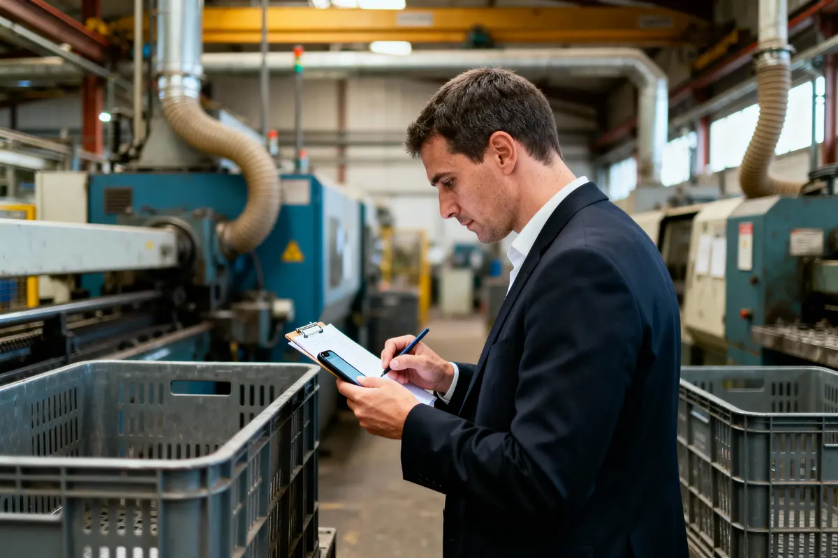 Homme en costume écrivant sur un clipboard dans une usine, machines industrielles en arrière-plan.