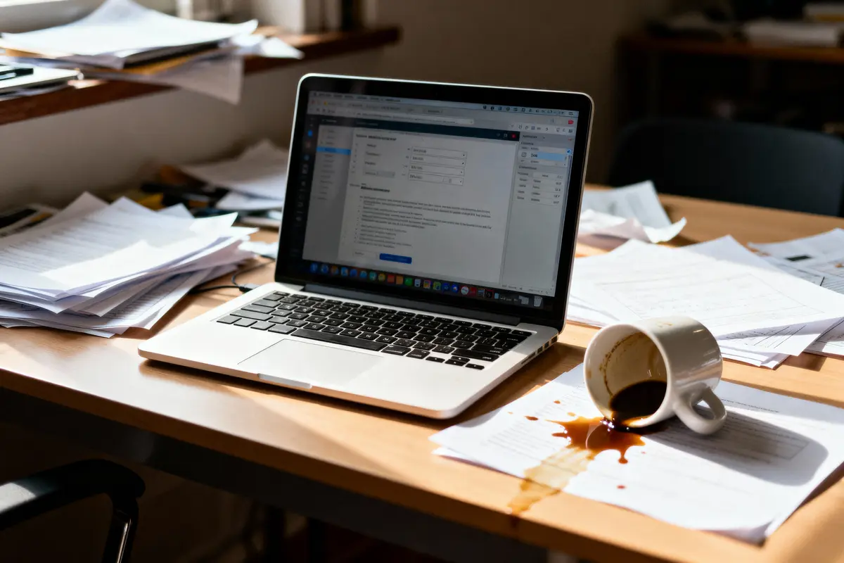 Ordinateur portable sur bureau encombré, tasse de café renversée, documents éparpillés, lumière naturelle.