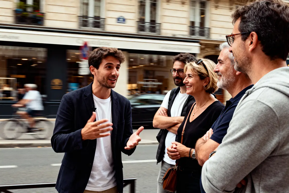 Un homme parlant à quatre personnes souriantes sur un trottoir urbain en journée.