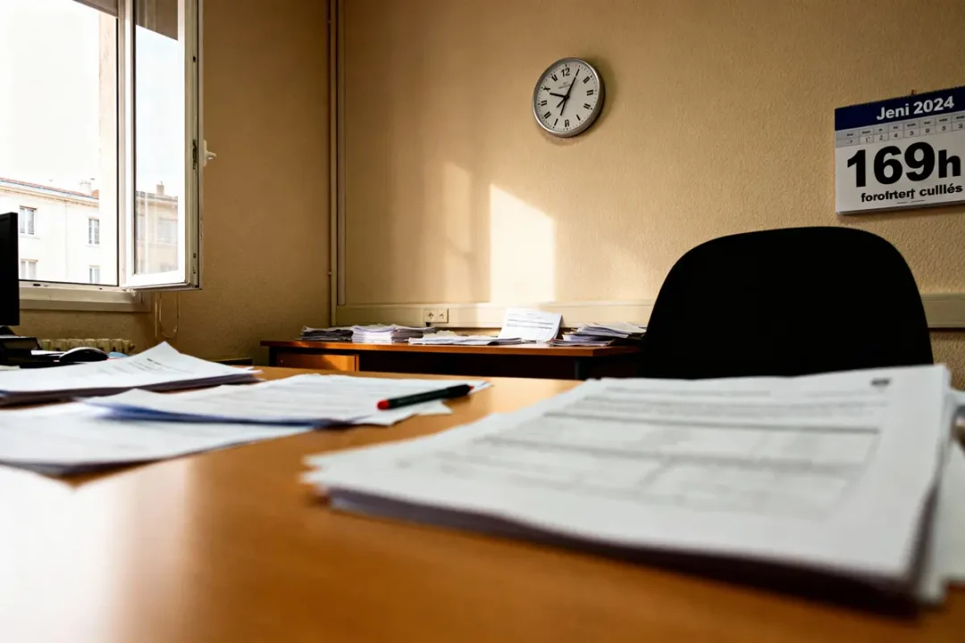 Bureau avec papiers, stylo, fenêtre ouverte, horloge, calendrier de janvier 2024, chaise noire, murs beige.