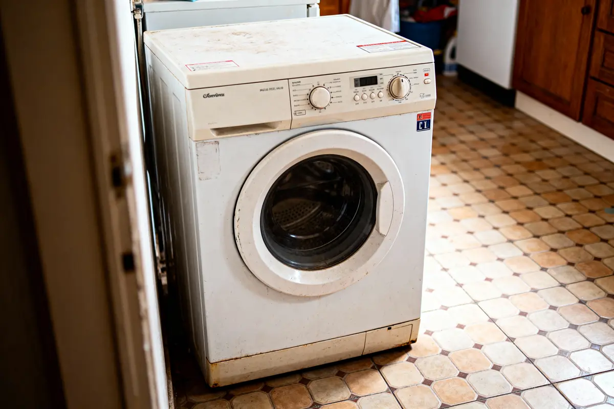 Machine à laver blanche usée dans une cuisine, sol carrelage beige et marron.