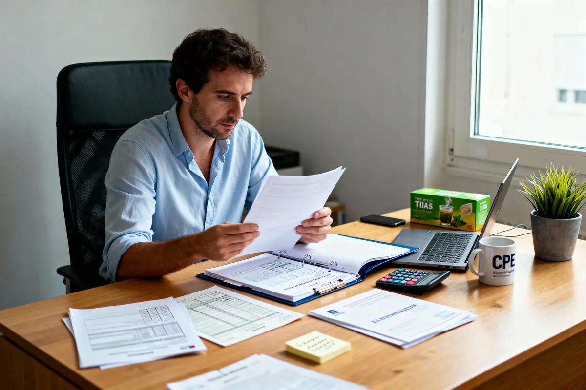 Homme concentré travaillant à un bureau avec documents, ordinateur portable, calculatrice et tasse. Fenêtre en arrière-plan.