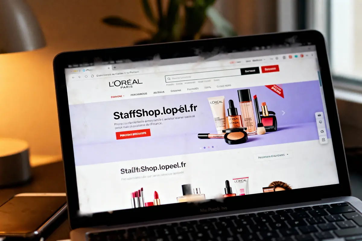Ordinateur portable affichant la page web de L'Oréal avec produits cosmétiques et texte "StaffShop.lop.el.fr".
