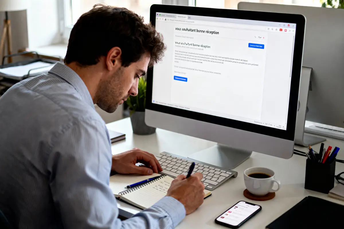 Homme écrivant dans carnet devant ordinateur, écran affichant un e-mail, café et smartphone sur le bureau.
