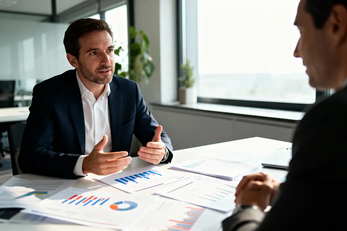 Deux hommes en costume discutent autour de documents financiers dans un bureau moderne et lumineux.