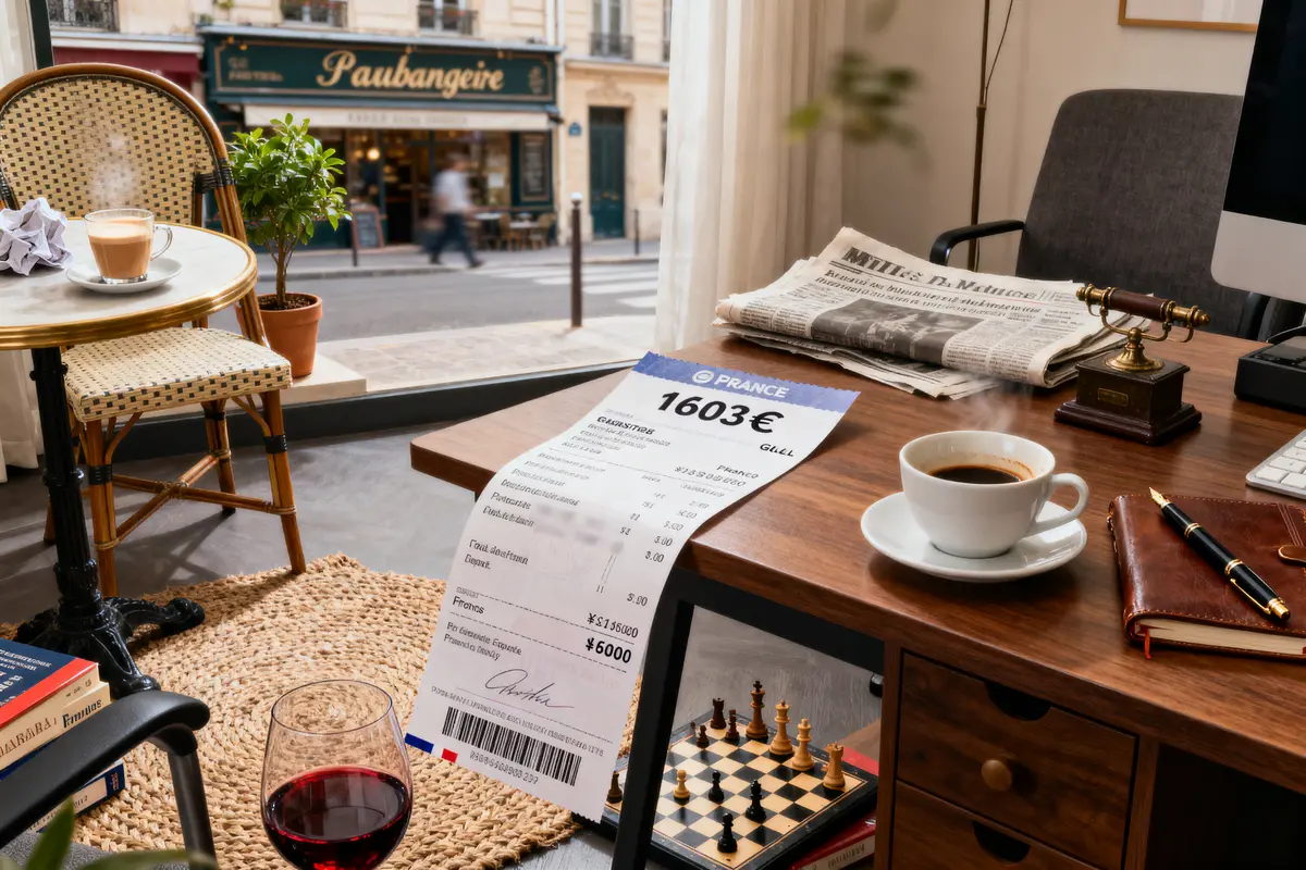 Bureau avec facture, café, vin, échiquier, journal; vue sur rue avec café parisien en arrière-plan.