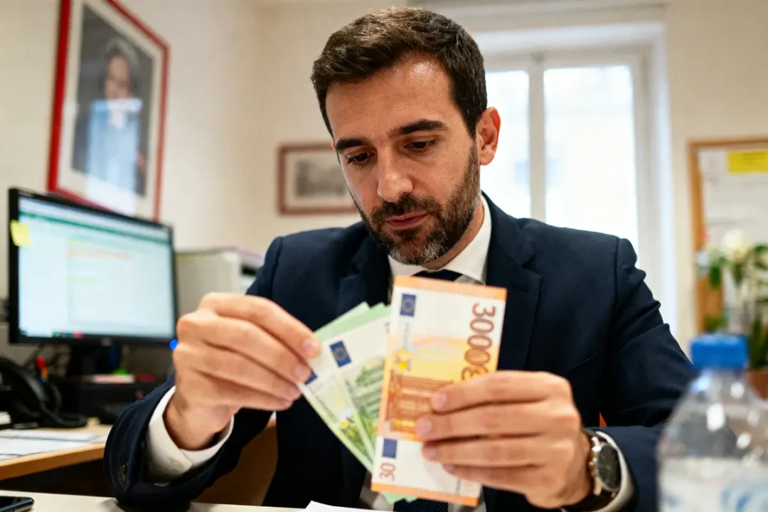 Un homme en costume compte des billets fictifs de différentes valeurs dans un bureau.