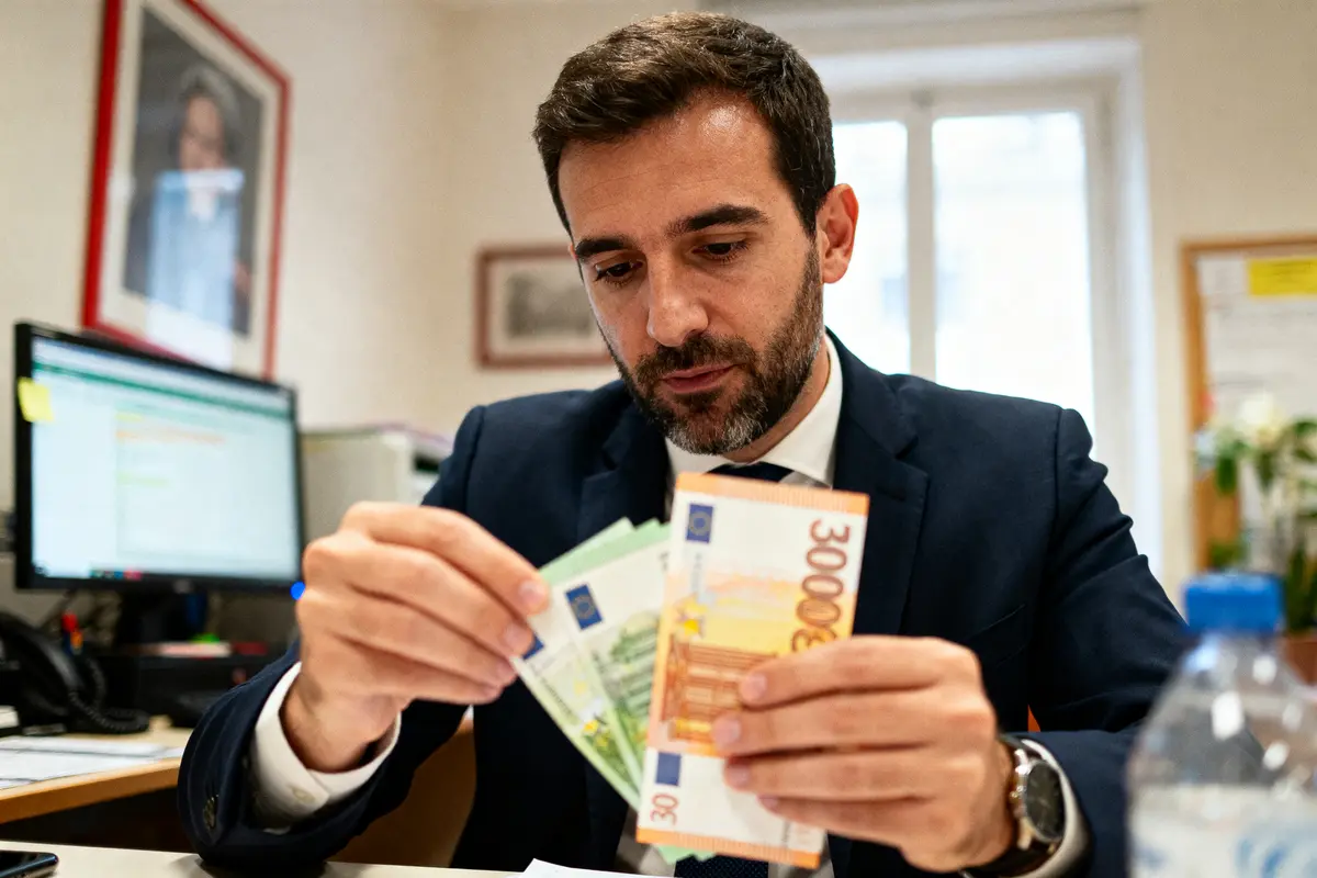 Un homme en costume compte des billets fictifs de différentes valeurs dans un bureau.