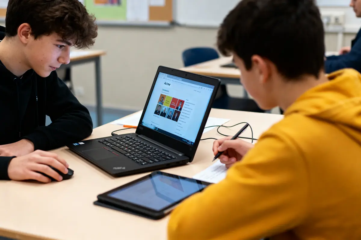 Deux garçons étudient à un ordinateur portable en salle de classe, concentrés sur l'écran.