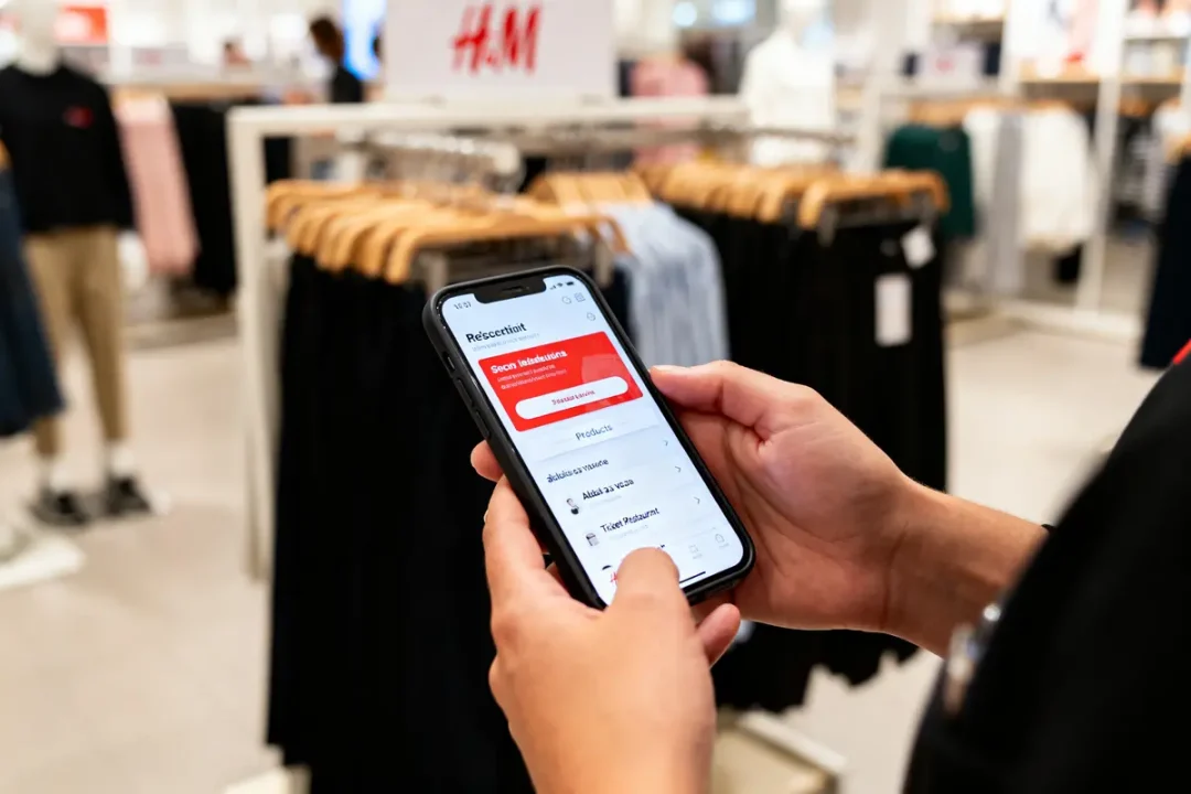 Personne utilisant un smartphone avec application dans un magasin de vêtements, portant une enseigne "H&M".