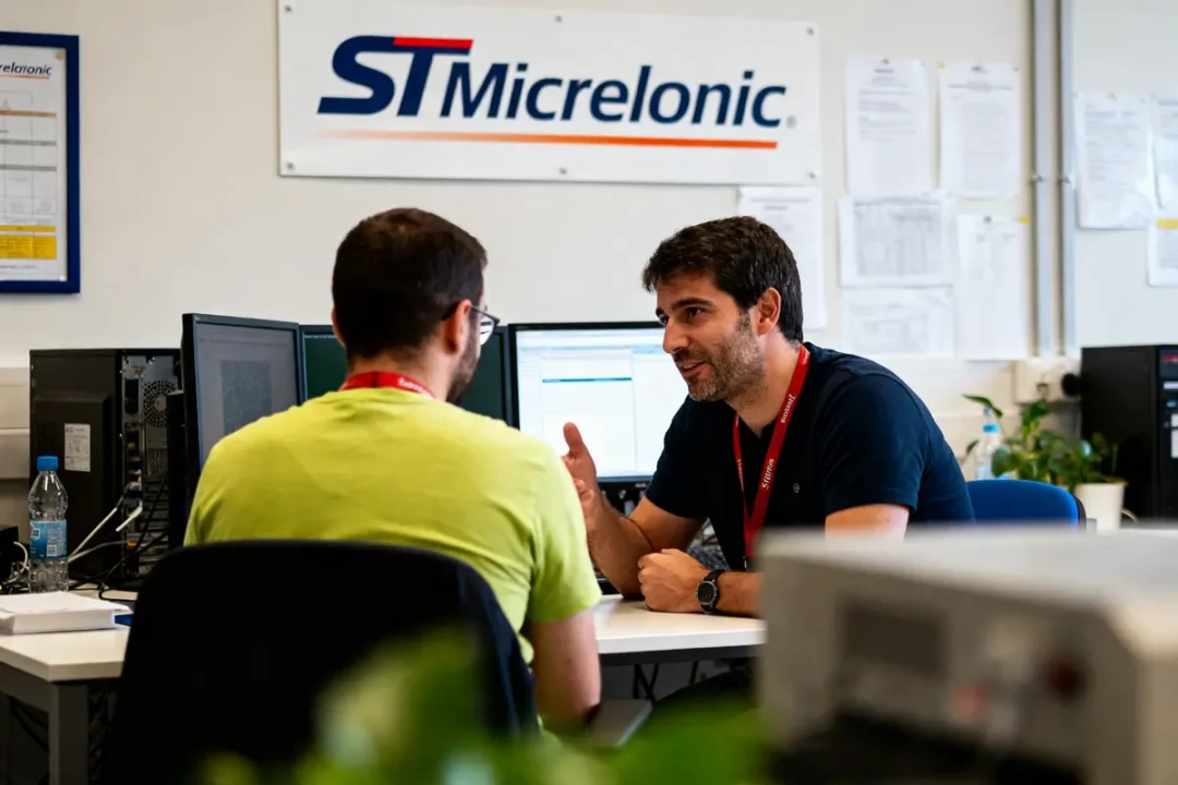 Deux hommes discutent dans un bureau de STMicroelronic, devant des ordinateurs, avec un logo en arrière-plan.