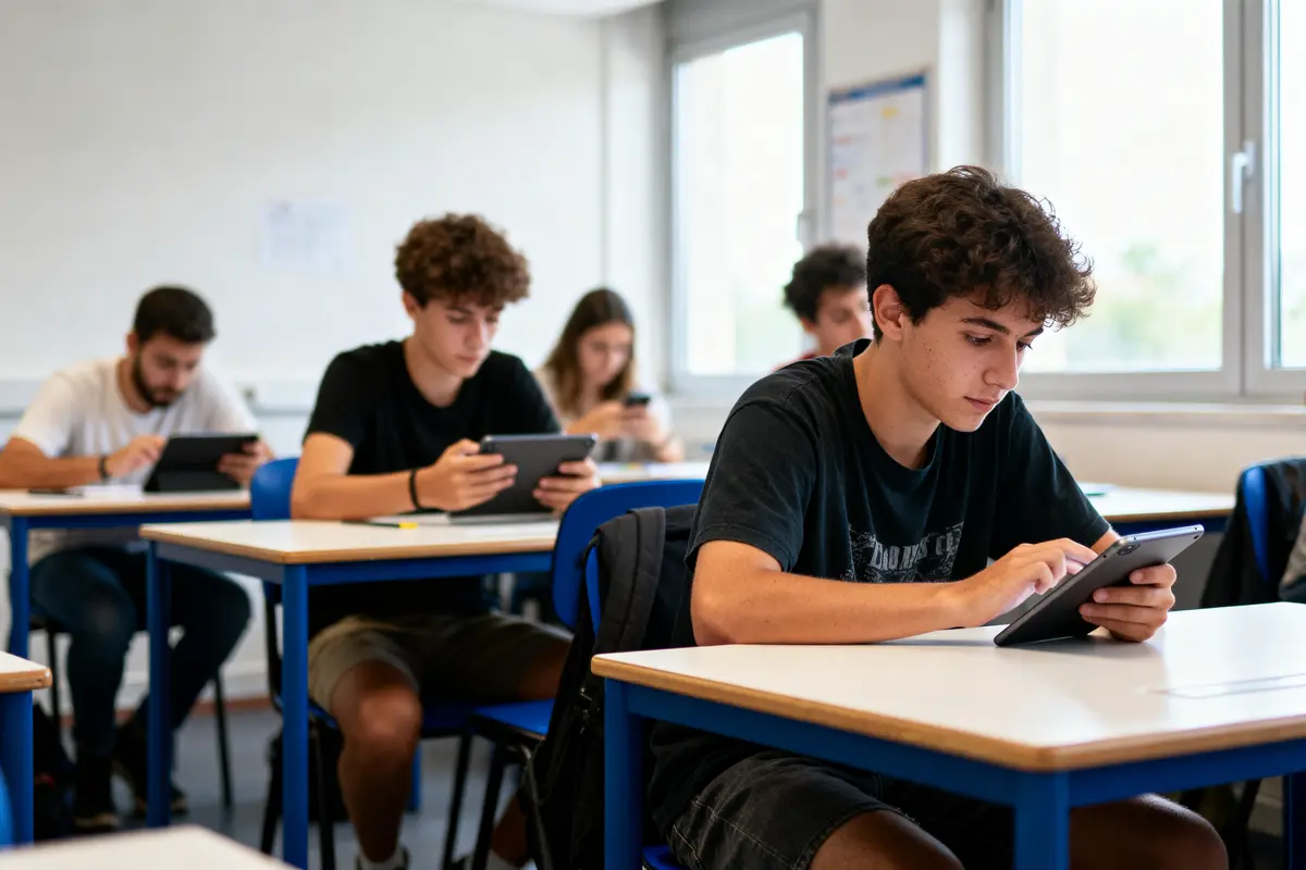 Des étudiants assis en classe utilisent des tablettes sur leurs bureaux, concentrés sur leur travail ou étude numérique.
