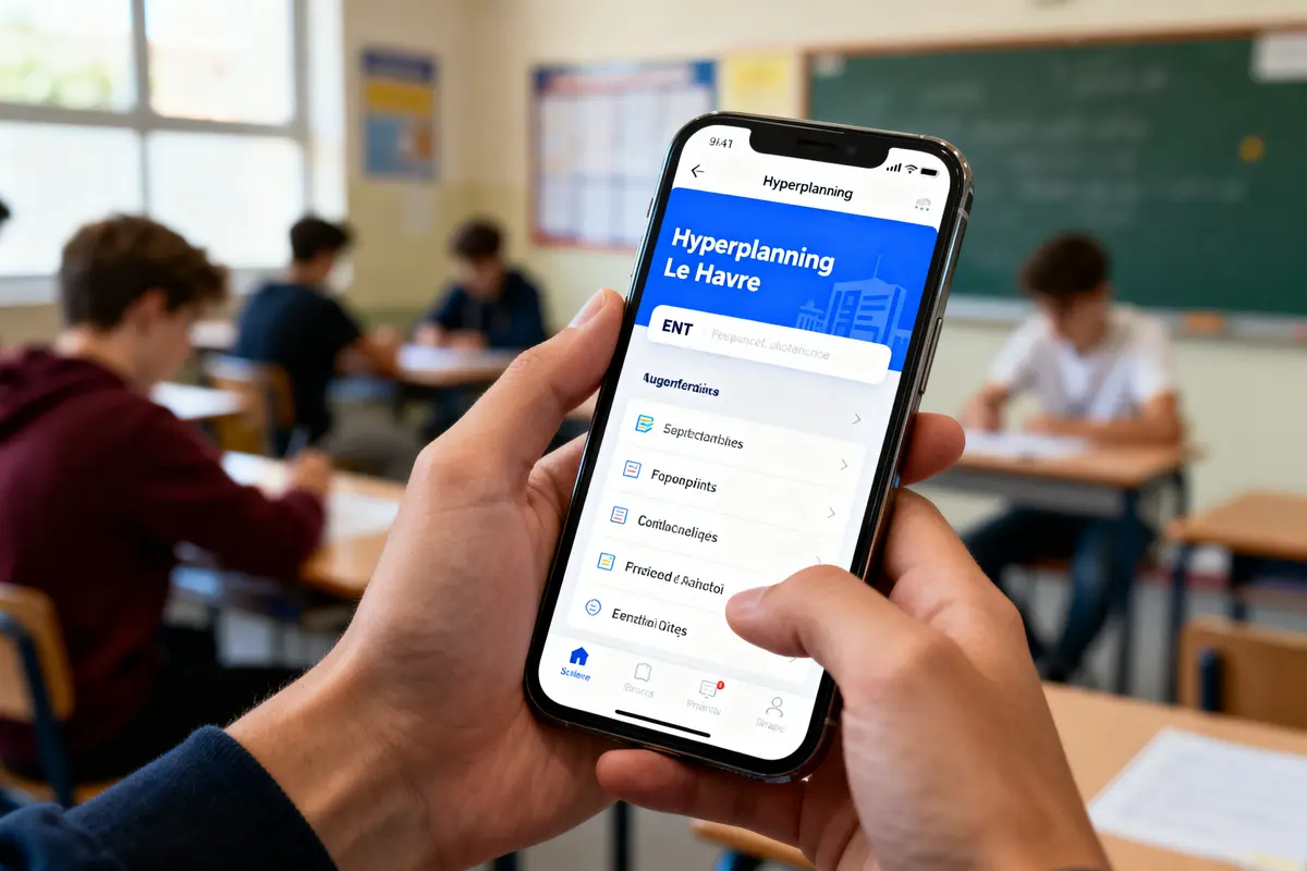 Main tenant un smartphone avec application Hyperplanning en classe, élèves au second plan.