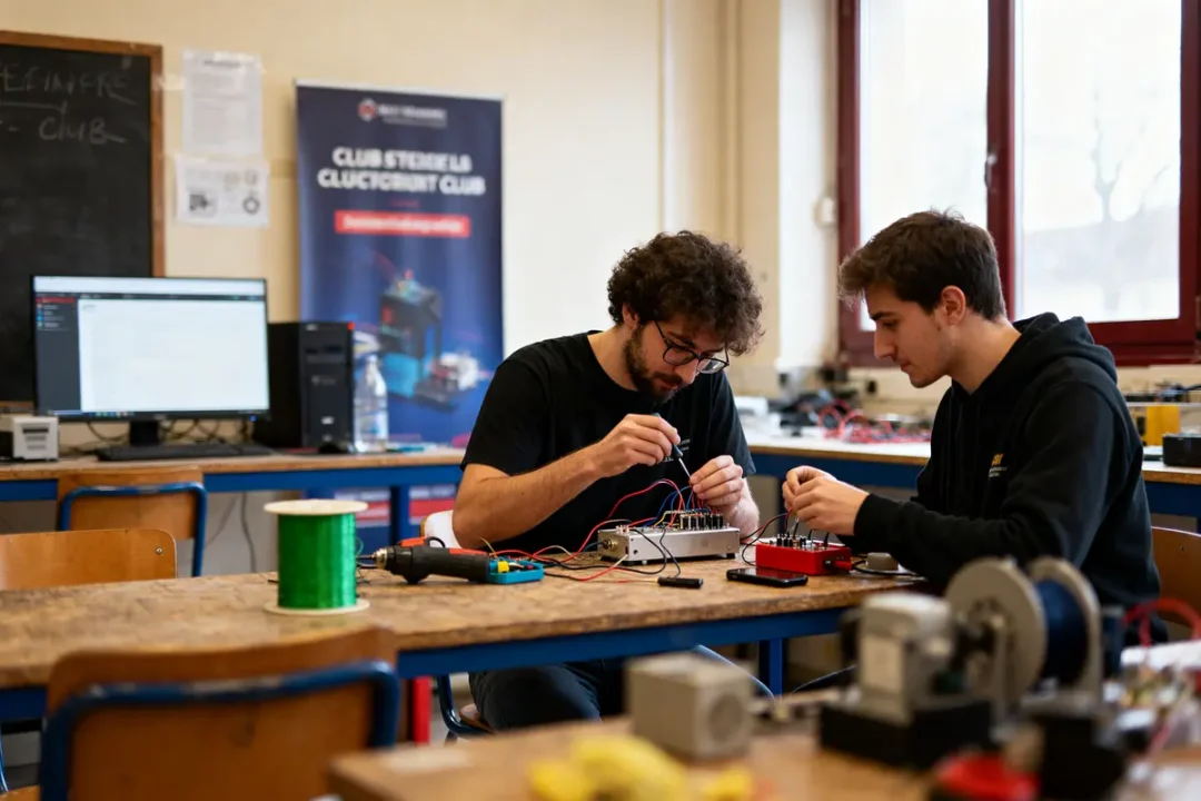 Deux personnes travaillent sur des composants électroniques dans un atelier, avec ordinateurs et outils sur une table.