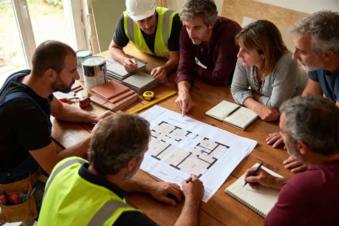 Groupe de personnes examinant des plans et des matériaux de construction autour d'une table en bois.