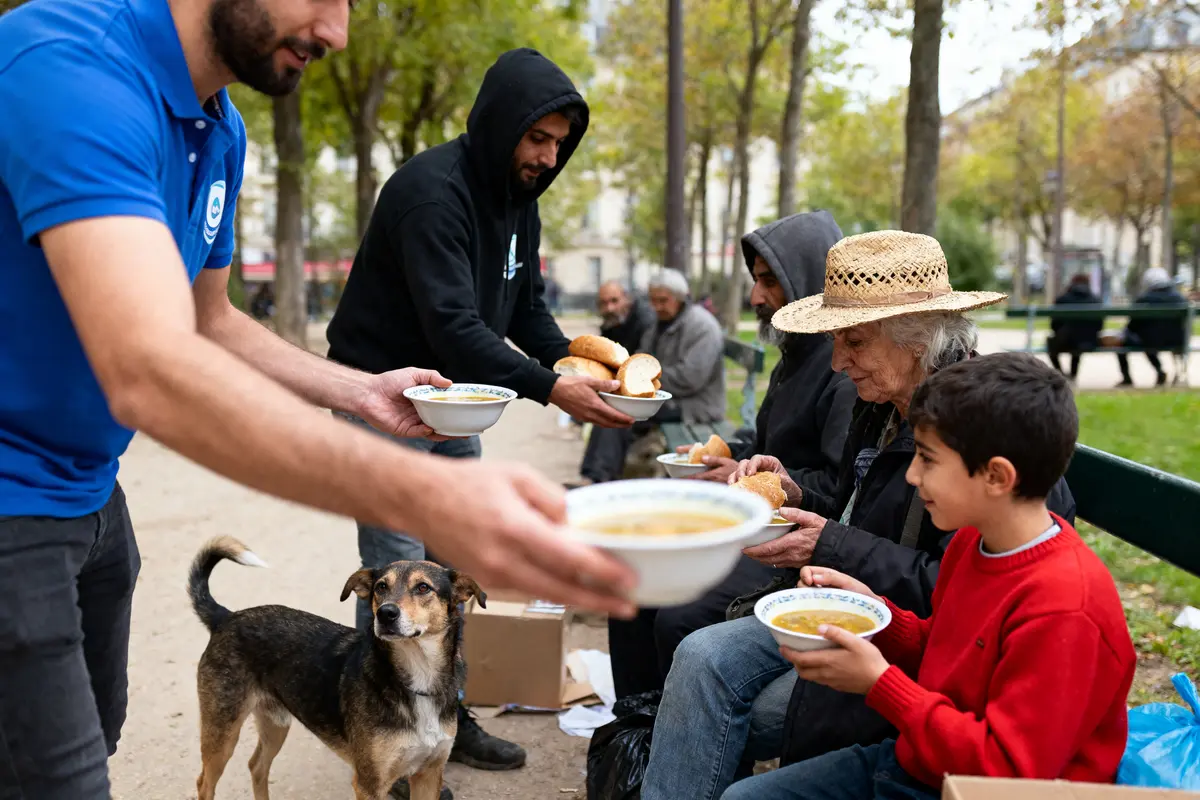 Distribuer de la soupe aux gens assis dans un parc, avec un chien attentif près d’eux.